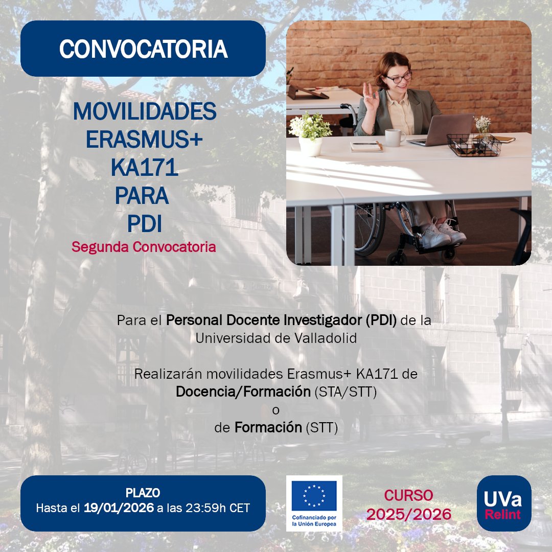 Disponible la 2ª Convocatoria de 23+1 ayudas #ErasmusPlus KA 171 del SEPIE para PDI de la UVa para realizar movilidades con fines de: Docencia/Formación o Formación en el curso 25/26

ℹ️ tinyurl.com/171-PTGAS-PDI

📅 Hasta el 19/01/2026 a las 23:59 horas (CET)

<a href="/UVa_es/">Gabinete de Comunicación Universidad de Valladolid</a>
<a href="/sepiegob/">SEPIE</a>