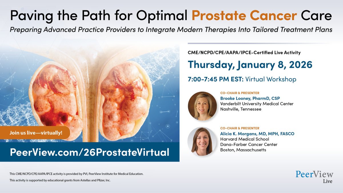 PeerView's tweet image. Sharpen your skills in developing individualized #ProstateCancer tx plans that address your patients’ goals and disease features in this virtual event featuring Brooke Looney, PharmD, CSP and Alicia K. Morgans, MD, MPH, FASCO (@CaPsurvivorship) #AdvancedPracticeProviders

📅 1/8…