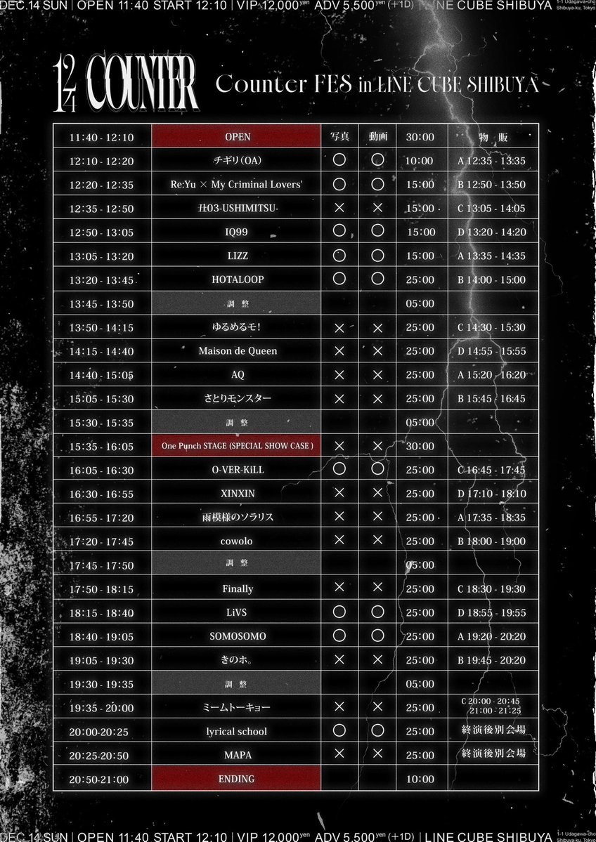 overkill_1008's tweet image. ◤タイムテーブル公開！◢

12.14(日) LINE CUBE SHIBUYA
『Counter FES』

O-VER-KiLLは16:05〜出演！！

🎫 ticketdive.com/event/CounterF…