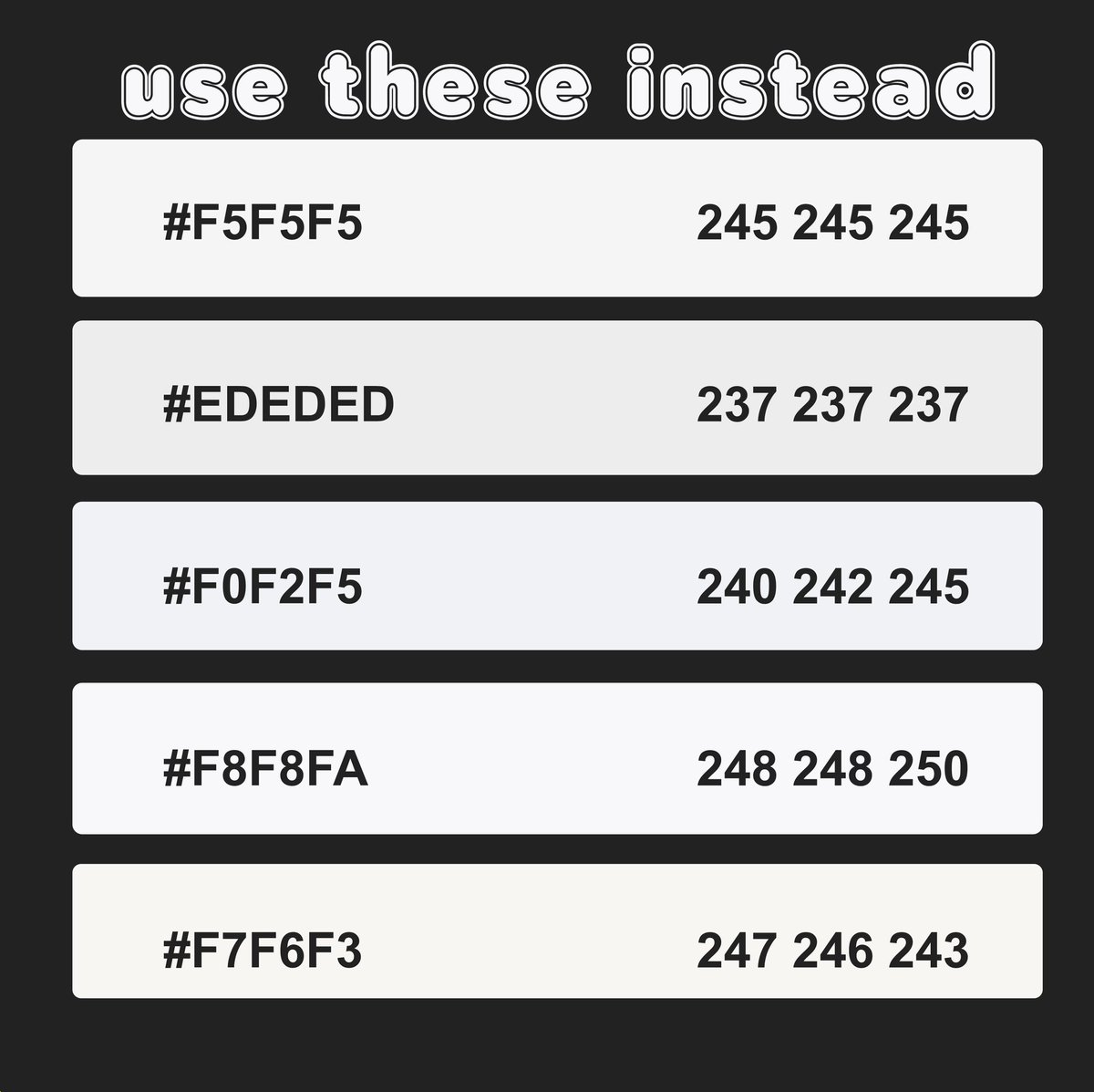 MalcomMStudio's tweet image. You shouldn't always use pure black or pure white. Try these alternatives. 
⚠️ NOT recommended for printing ⚠️

#DesignTip #ColorTheory #ColorPalette #GraphicDesign #VisualBranding #DesignInspo #UIUX #Typography #MalcomMStudio #NeutralPalette #DesignTips #CreativeDesign