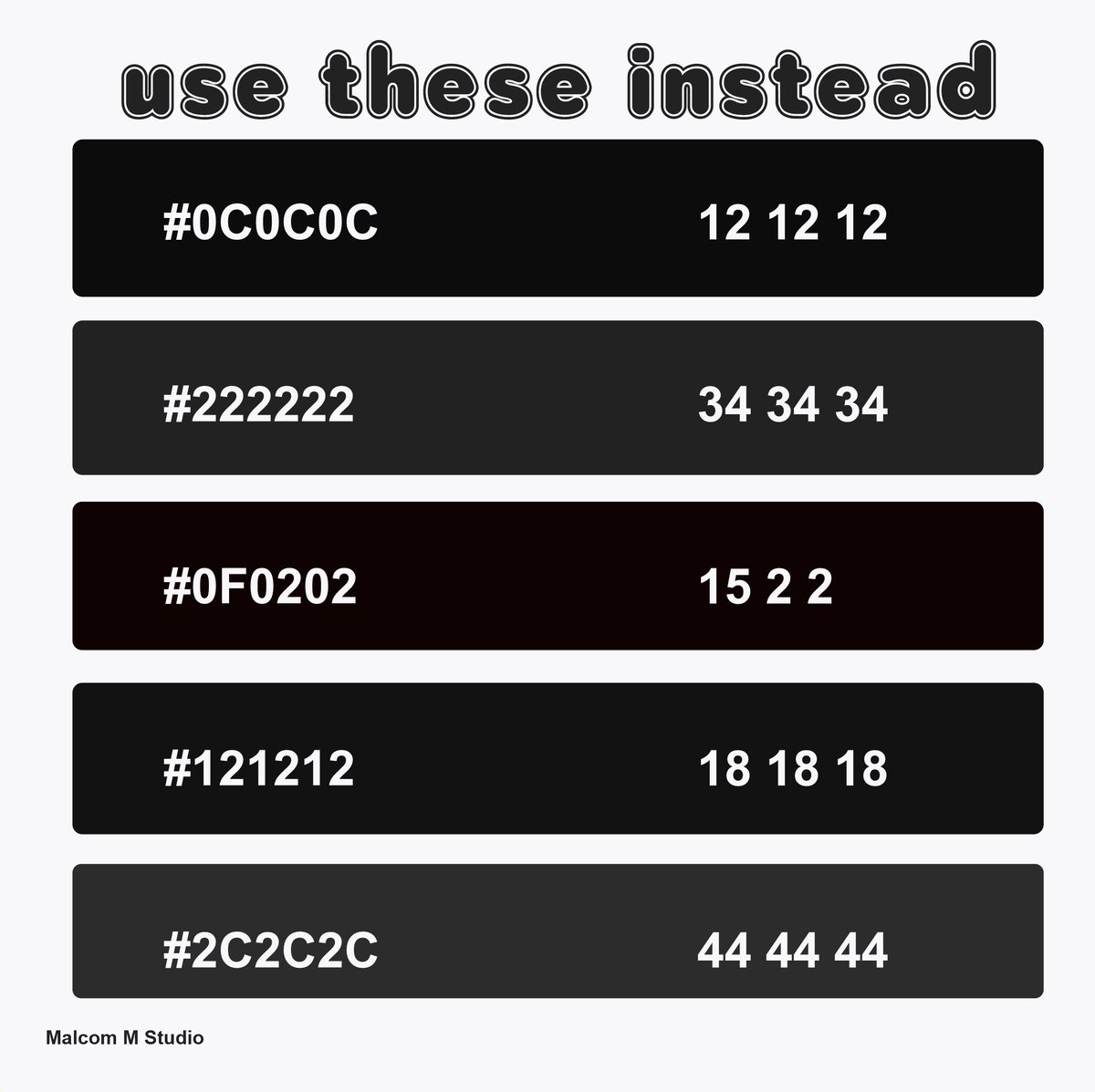 MalcomMStudio's tweet image. You shouldn't always use pure black or pure white. Try these alternatives. 
⚠️ NOT recommended for printing ⚠️

#DesignTip #ColorTheory #ColorPalette #GraphicDesign #VisualBranding #DesignInspo #UIUX #Typography #MalcomMStudio #NeutralPalette #DesignTips #CreativeDesign