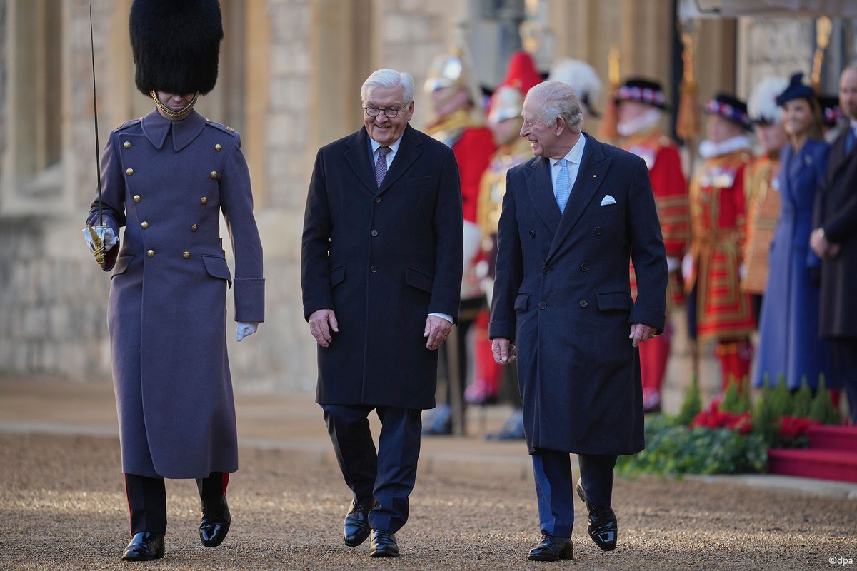 GermanEmbassy's tweet photo. German President Steinmeier and his wife Elke Büdenbender were received by HM The King and HM The Queen in Windsor today at the start of the three-day State Visit.

It is the first official state visit by a German President to the United Kingdom in 27 years. https://t.co/BMInxawFfH