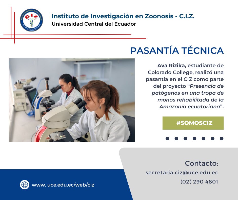 🧪🐒 Ava Rizika realiza su pasantía técnica en el Laboratorio de Parasitología del CIZ, aportando al proyecto “Presencia de patógenos en una tropa de monos rehabilitada de la Amazonía ecuatoriana”.

¡Gracias por tu dedicación y aporte a la ciencia! 🌿🔬

#SomosCIZ #PasantíaCIZ