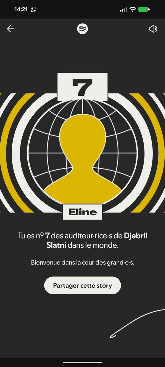 Est ce que je suis étonnée de ces résultats ? (par contre 7ème ça va pas du tout) 
Promis j'écoute pas que Djebril Slatni 🙂‍↕️ 
#SpotifyWrapped