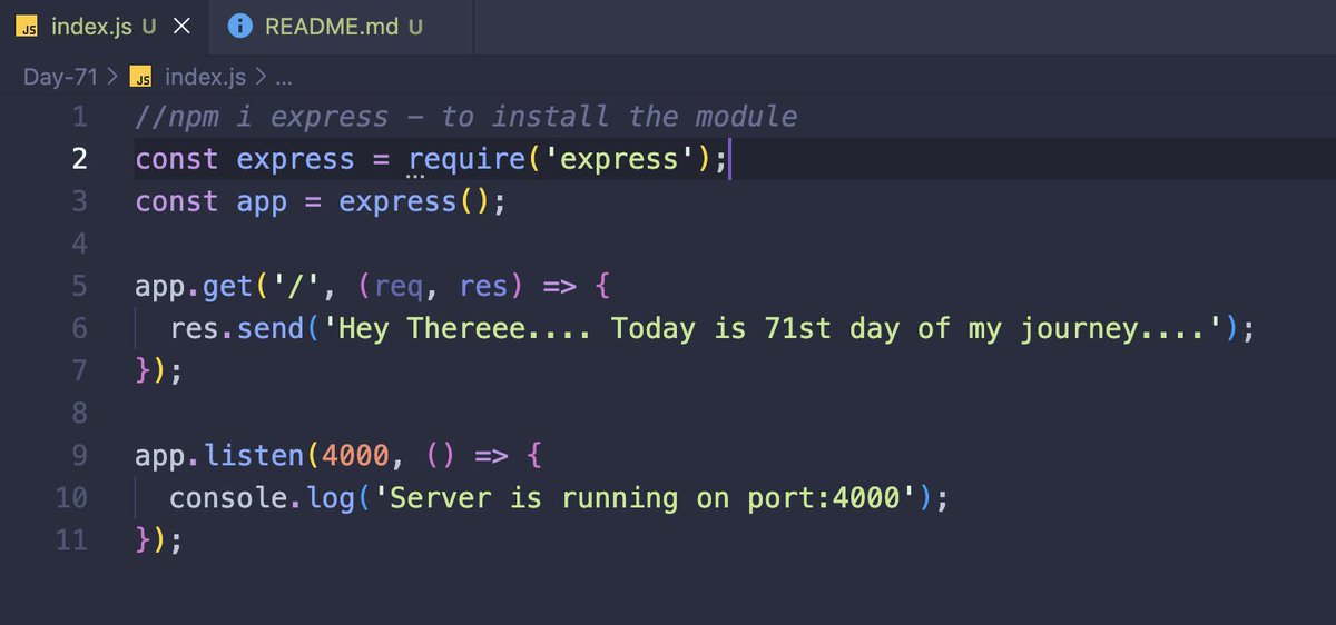 guriii3108's tweet image. Created my first Express.js server today! 👨‍💻🔥
#NodeJS #ExpressJS #100DaysOfCode #BuildInPublic #DevCommunity