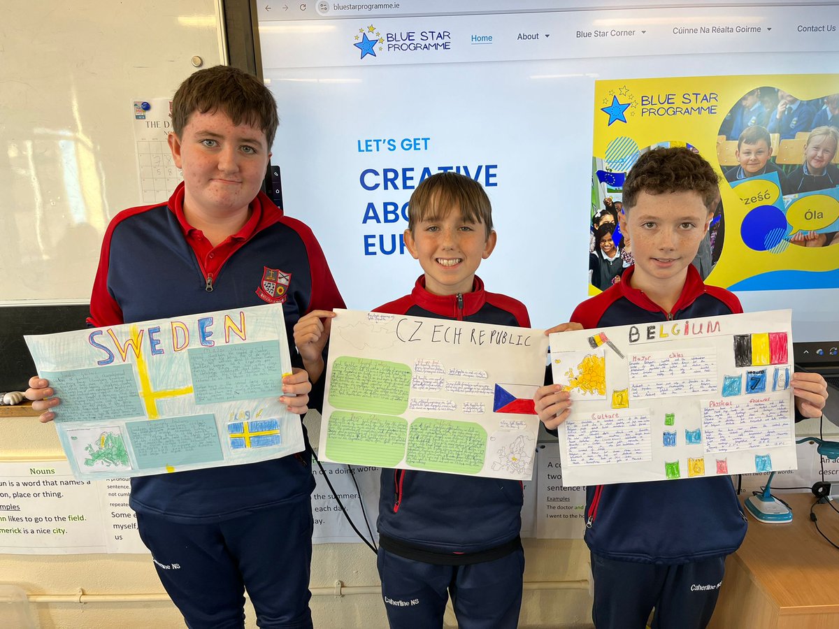 Blue Star programme: 6th and 5th classes are taking part in this programme where pupils foster and develop a better knowledge and understanding of the EU. 6th class completed a project on EU countries for the geographical element. Great work everyone 👏 🇪🇺 <a href="/BlueStarProg/">Blue Star Programme</a>