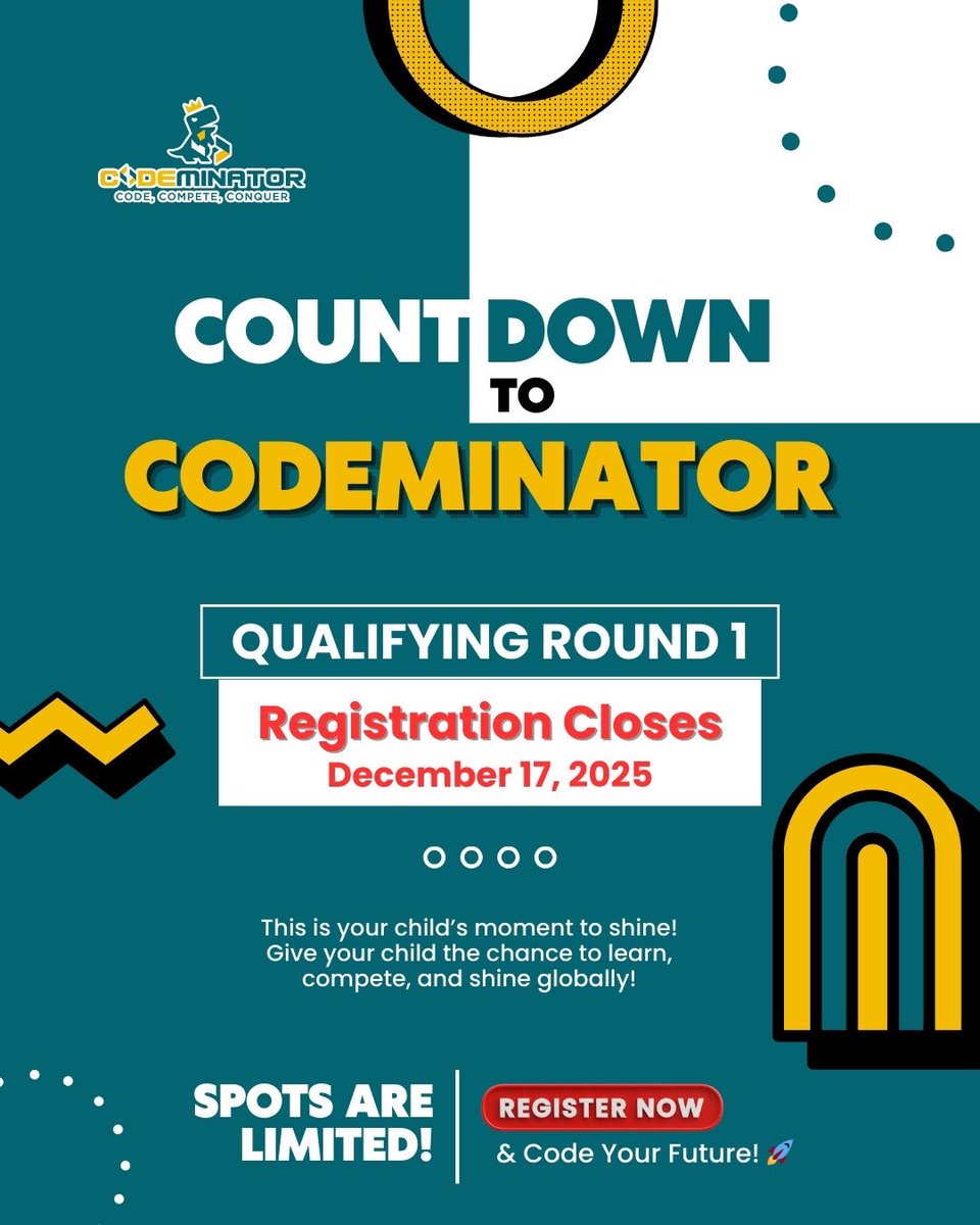 codeminator81's tweet image. Last chance! 

Registrations for Codeminator Qualifying Round 1 close on Dec 17, 2025!
Let your child learn, compete &amp;amp; shine with fun global coding challenges! 🌍💻

⏳ Limited seats — register now! 🚀
#Codeminator #CodingForKids #STEMLearning #Kidswhocode#futurecoders