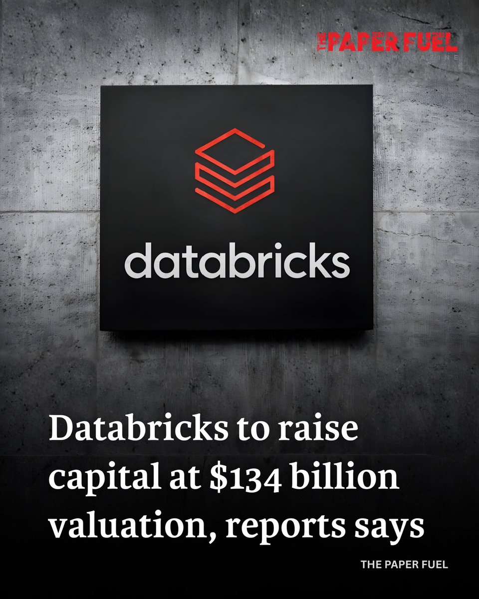 thepaperfuel's tweet image. Databricks is set to raise capital at a $134B valuation, reports say, spotlighting massive investor interest in AI infra and cloud-scale analytics. The move signals Data + AI becoming the backbone of next-gen businesses. 

#Databricks #AIInfrastructure #ThePaperFuel