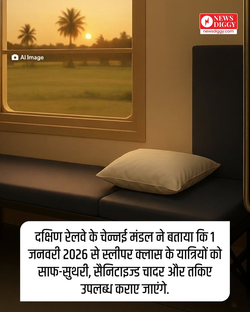 NewsDiggy's tweet image. अब स्लीपर क्लास में भी चादर और तकिया मिलेंगे 

#IndianRailways #SleeperClass #RailwayNews #TravelUpdate #RailwayChanges #IndianRail #TrainJourney #dailynews #hindinews #latestnews #viralnews #newsdiggy