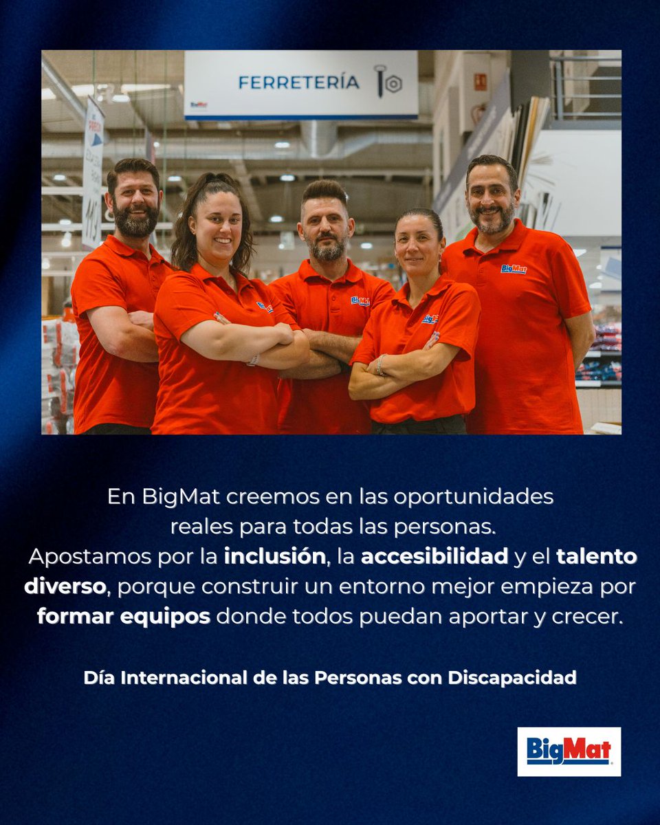 💙Día internacional de las personas con discapacidad.
En BigMat creemos en las oportunidades reales para todos.
👨‍👩‍👧‍👦 Apostamos por la inclusión, la accesibilidad y el talento diverso, porque construir un entorno mejor empieza por formar equipos donde todos puedan aportar y crecer.