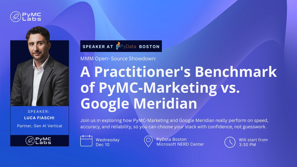 pymc_labs's tweet image. 𝗣𝘆𝗠𝗖-𝗠𝗮𝗿𝗸𝗲𝘁𝗶𝗻𝗴 vs 𝗚𝗼𝗼𝗴𝗹𝗲 𝗠𝗲𝗿𝗶𝗱𝗶𝗮𝗻, a real-world benchmark for better #MMM decisions.

Join PyMC Labs partner Luca Fiaschi at #PyDataBoston 2025 as he shares a rigorous, open-source comparison of both frameworks using realistic, production-scale data!