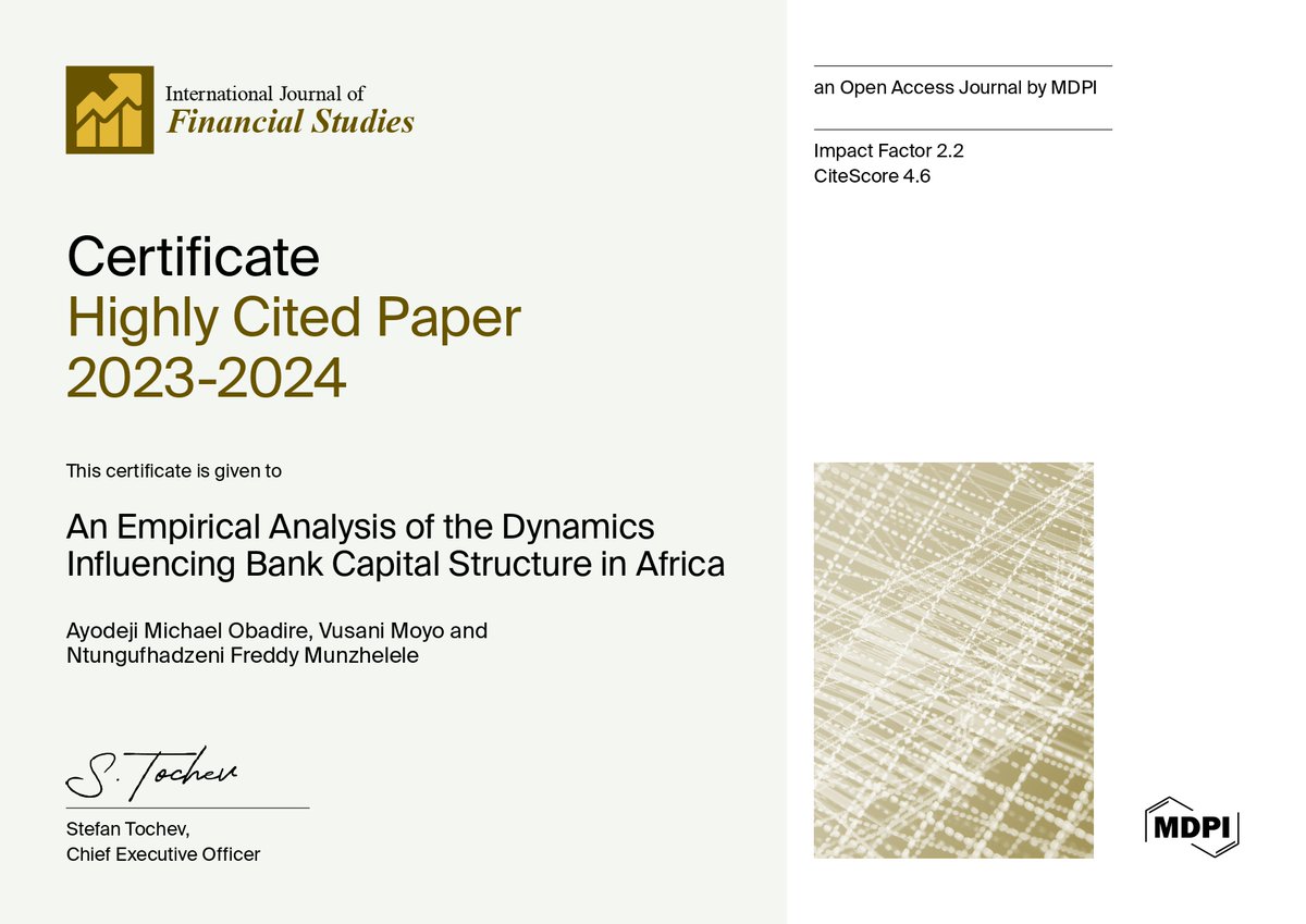 🎉 Feature Paper #IJFS_MDPI

📝 An Empirical Analysis of the Dynamics Influencing Bank Capital Structure in Africa

🎓 by Ayodeji Michael Obadire, Vusani Moyo and Freddy Munzhelele

🔗 Read at: mdpi.com/2227-7072/11/4…

#asset_tangibility #Basel_III_Accord #capital_adequacy_ratio