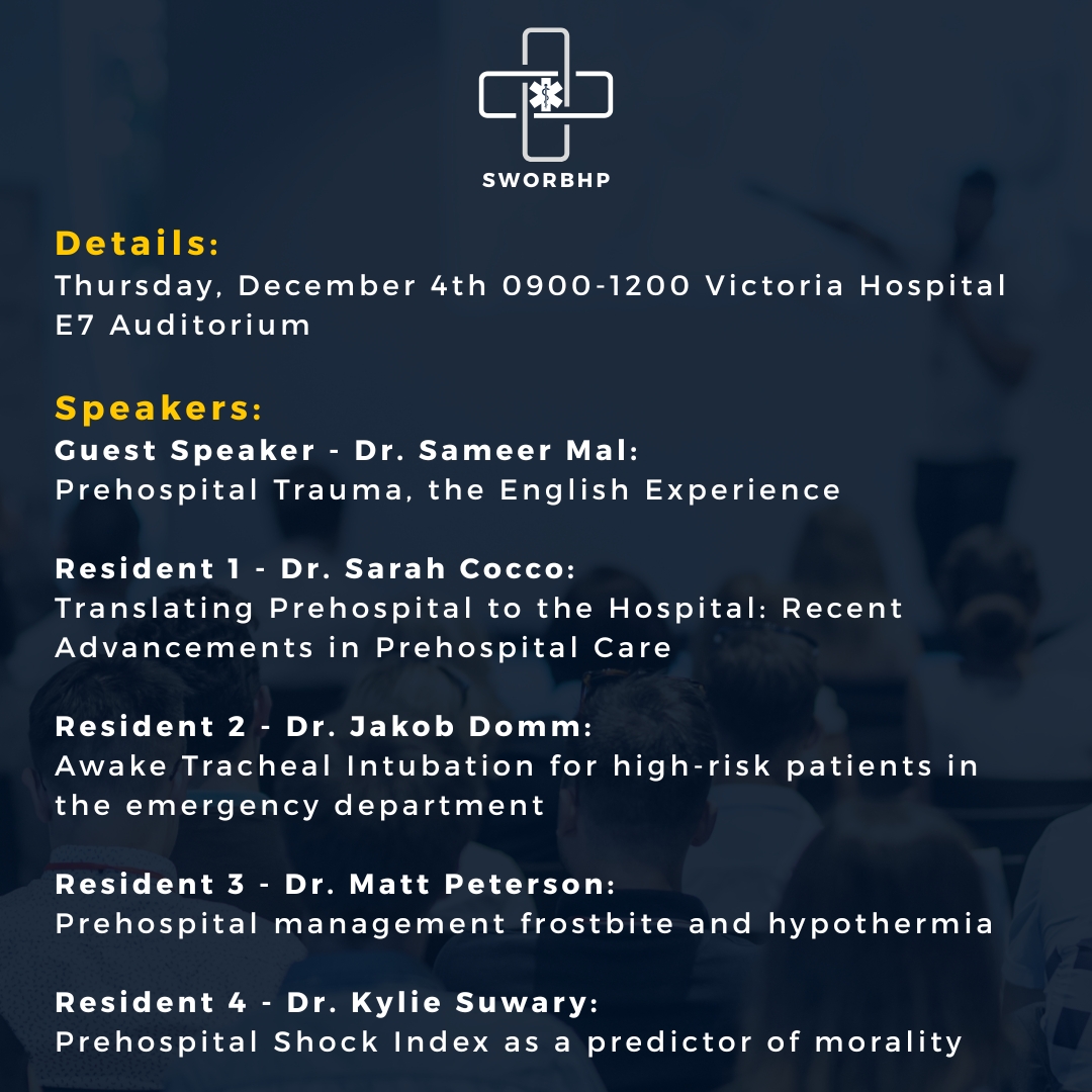 You are invited to the Western University Division of Emergency Medicine Grand Rounds this Thursday, December 4th 0900-1200.

Our very own Dr. Sarah Cocco, our Prehospital and Transport Medicine fellow, is giving a ground rounds.