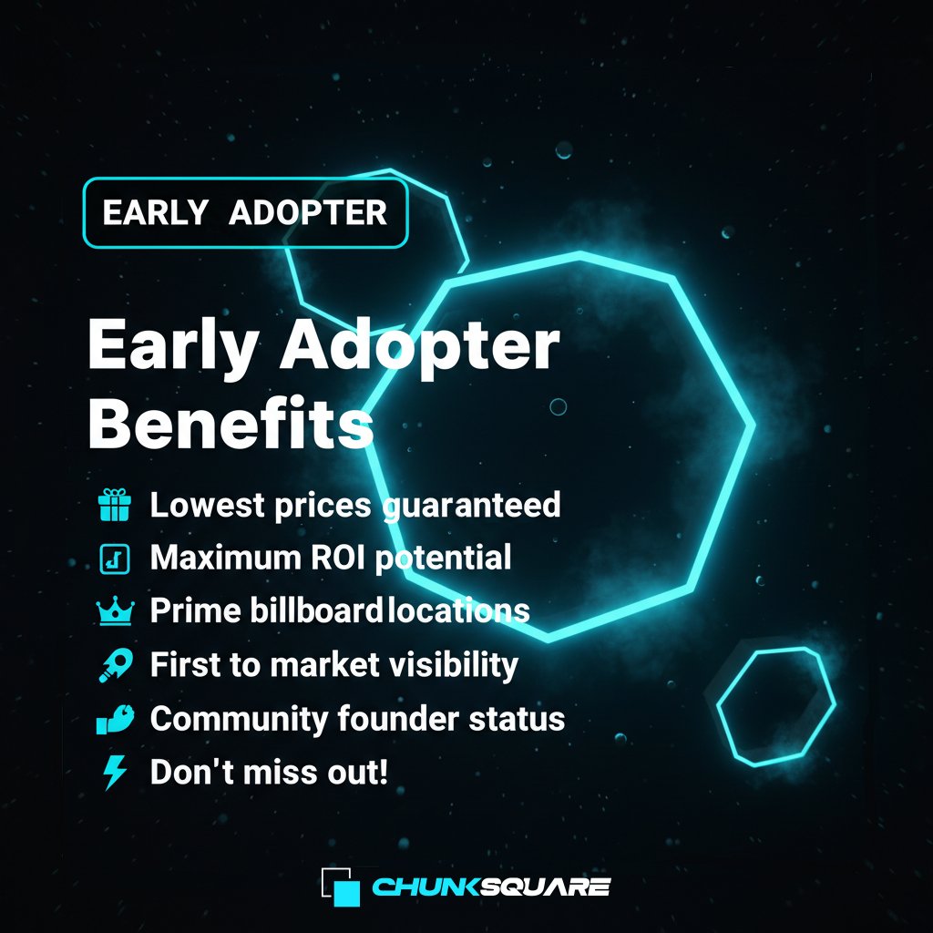 ChunkSquareOff's tweet photo. Early ChunkSquare adopters Benefits 💎
🎁 Lowest prices guaranteed
📊 Maximum ROI potential
👑 Prime billboard locations
🚀 First to market visibility
💪 Community founder status

⚡ Don't miss out!

#ChunkSquare #EarlyAdopter #advertising #revolution #blockchain #billboard #ethereum #cryptoads

@opensea @raynegiveaway76 @Belle_nfts @itskay_k
@KingChungusNFTs @sid_polygon @_GiancarloNFT @PopeyesNFTs @frankdegods @pranksy @JRNYcrypto @CryptoHayes @punk9059 @andr3w @DCLBlogger @NFTherder @Zeneca @farokh @gordongoner @betty_nft @camolNFT @natealex @AshurNFT @jenkinsthevalet @beeple @michaelm_nft @chirasms