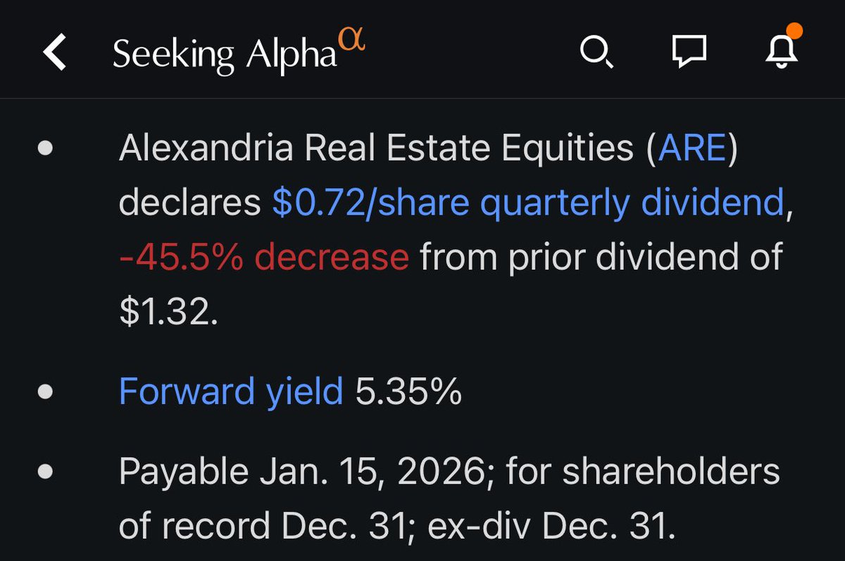 Und hier gibt’s weniger Cashflow 🤣

Da ist er also der eigentlich angekündigte Dividend Cut bei $ARE, mit meinen geschätzten 40-50% hatte ich also nicht ganz unrecht

Aktie 3% im Minus, also nicht alles eingepreist (ist es nie☝️)