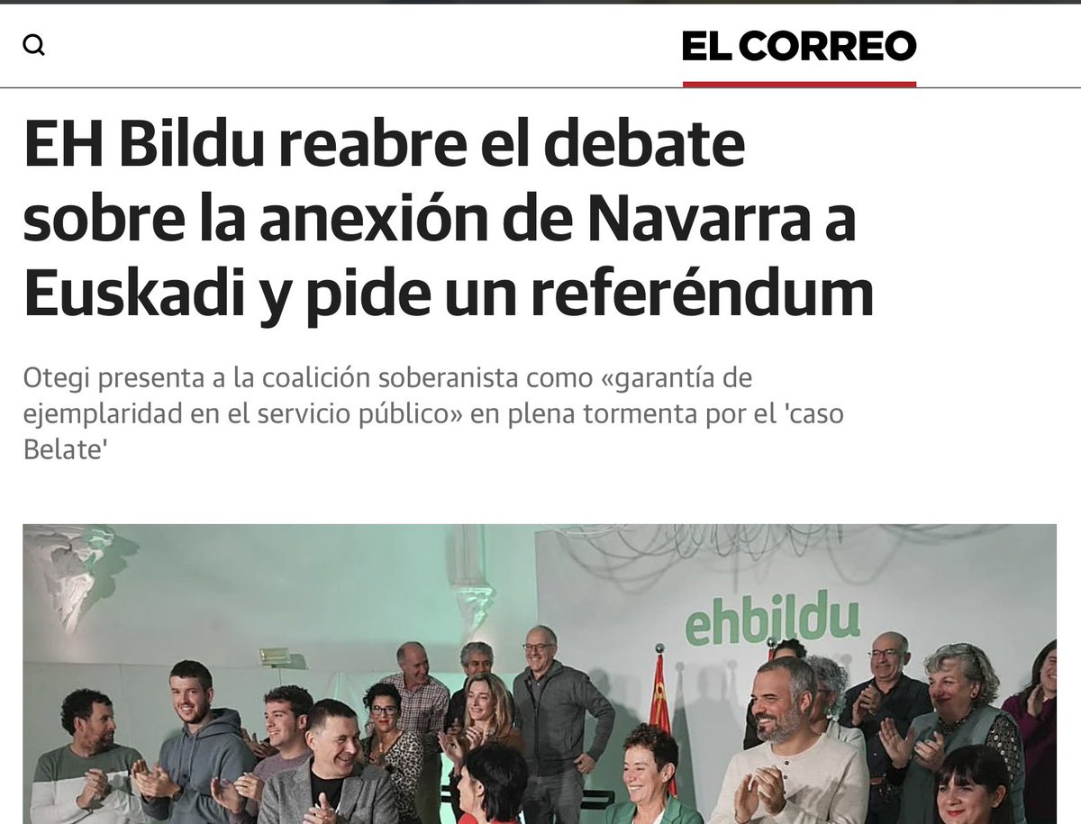 Reclamar la renovación de la foralidad y del Amejoramiento y la celebración del referéndum que faltó en 1982 y que permita a Navarra refrendar su estatus político...
Es para <a href="/elcorreo_com/">El Correo</a> "reabrir el viejo debate de la anexión de Navarra a Euskadi".
👇 
¡Toma rigor periodístico!
