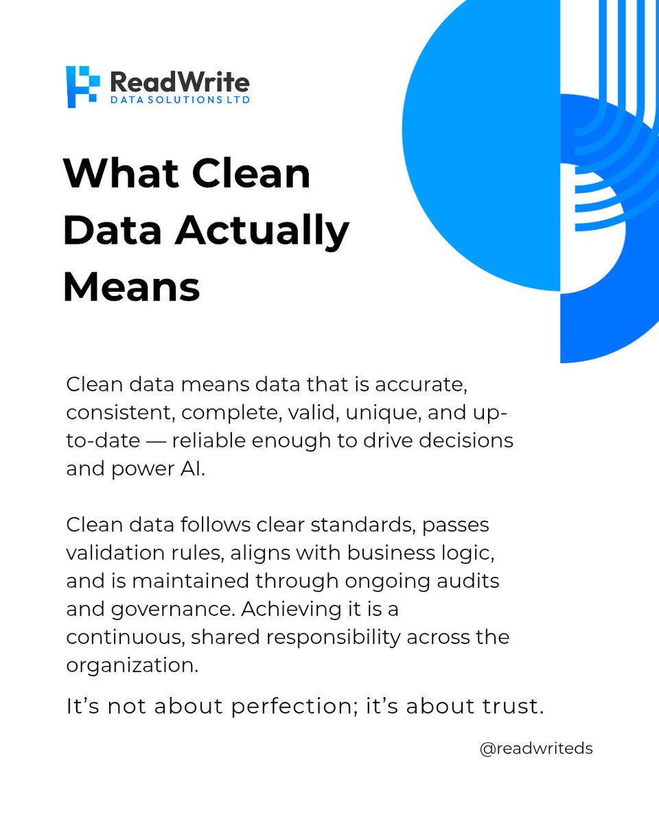 ReadWriteDS's tweet photo. Clean data isn’t just nice to have,it’s the foundation of smarter decisions, improved operations and trustworthy AI.
At ReadWrite Data Solutions, we help organizations transform raw information into reliable, actionable insights through proper standards, validation and governance https://t.co/vC3EcqntXL