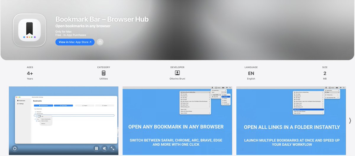 ottorinobruni's tweet image. 🚀 Keep your macOS workflow clean and fast!
With Bookmark Bar – Browser Hub, you access all your bookmarks from the menu bar in one click… across multiple browsers.
No clutter, just pure speed.
apps.apple.com/us/app/bookmar…
#indiedev #macos #productivity #DevTools