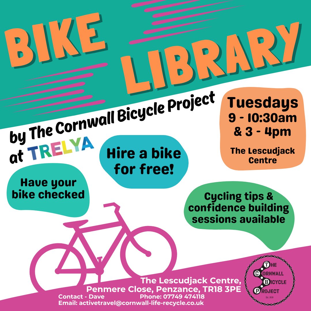 TrelyaCornwall's tweet image. The Cornwall Bicycle Project's Bike Library will be open tomorrow, 16th December from 9-10:30am and 3-4pm. 🚲

The bike library will be temporarily closed over the winter break, and will not be open on the 23rd or 30th December.

It will reopen as usual from the 6th January.