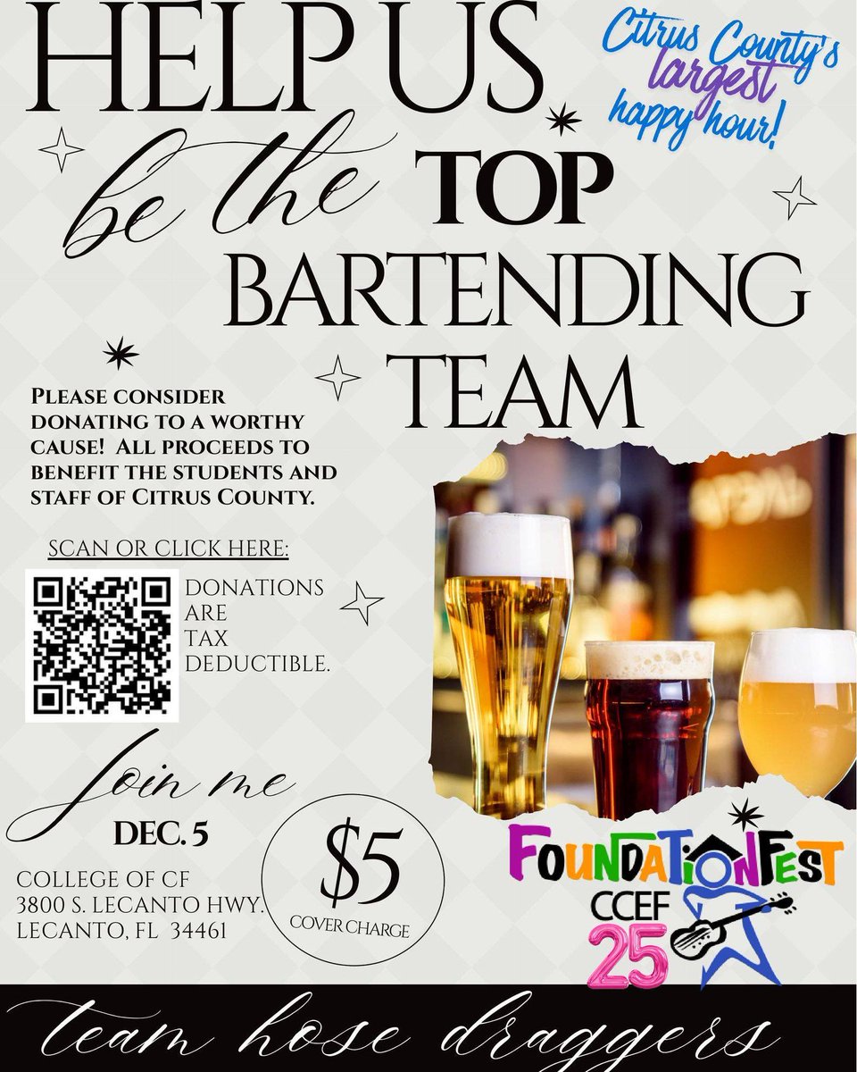 🚒 Tonight’s the night! Team Hose Draggers (featuring Fire Chief Stevens) makes its first-ever appearance at Foundation Fest — Citrus County’s biggest happy hour! 🍻🎉

Every tip supports <a href="/CitrusSchools/">CitrusSchools</a>.
📍 6–9PM | CF Lecanto
🎯 Donate by scanning the QR Code
#CCFR