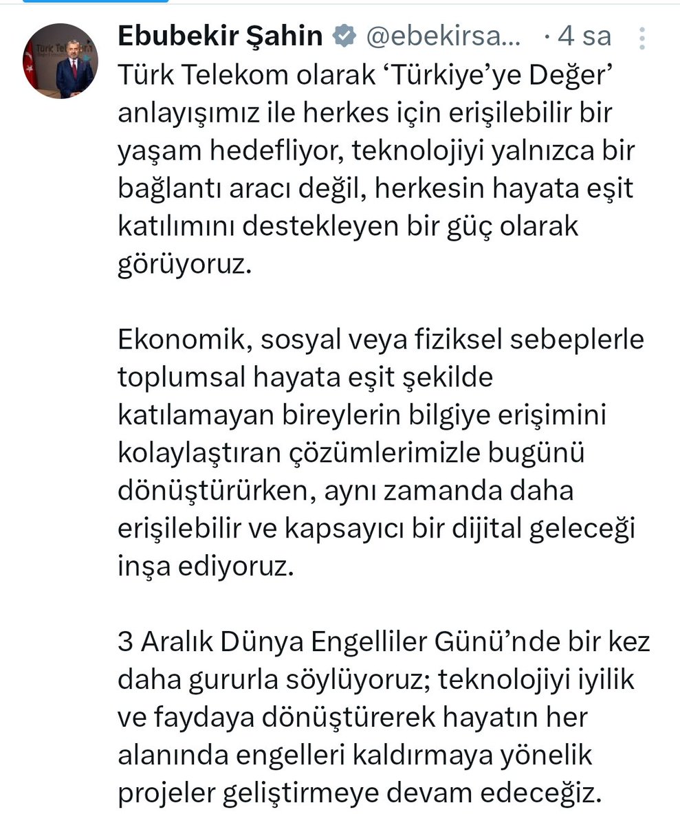 DEMİŞSİNİZ Sn. <a href="/ebekirsahin/">Ebubekir Şahin</a> <a href="/TurkTelekom/">Türk Telekom</a> Ama bu koca bir kandırmacadır.CEOsu olduğunuz o büyük  firmanın EGEdeki bir köye bile 1800m kablo döşeyecek parası yoksa,eşitlikten hiç bahsetmeyin.Daha derindeki kırsalı düşünemiyorum,firmanızın gücü anca B.Şehirlere yetiyor