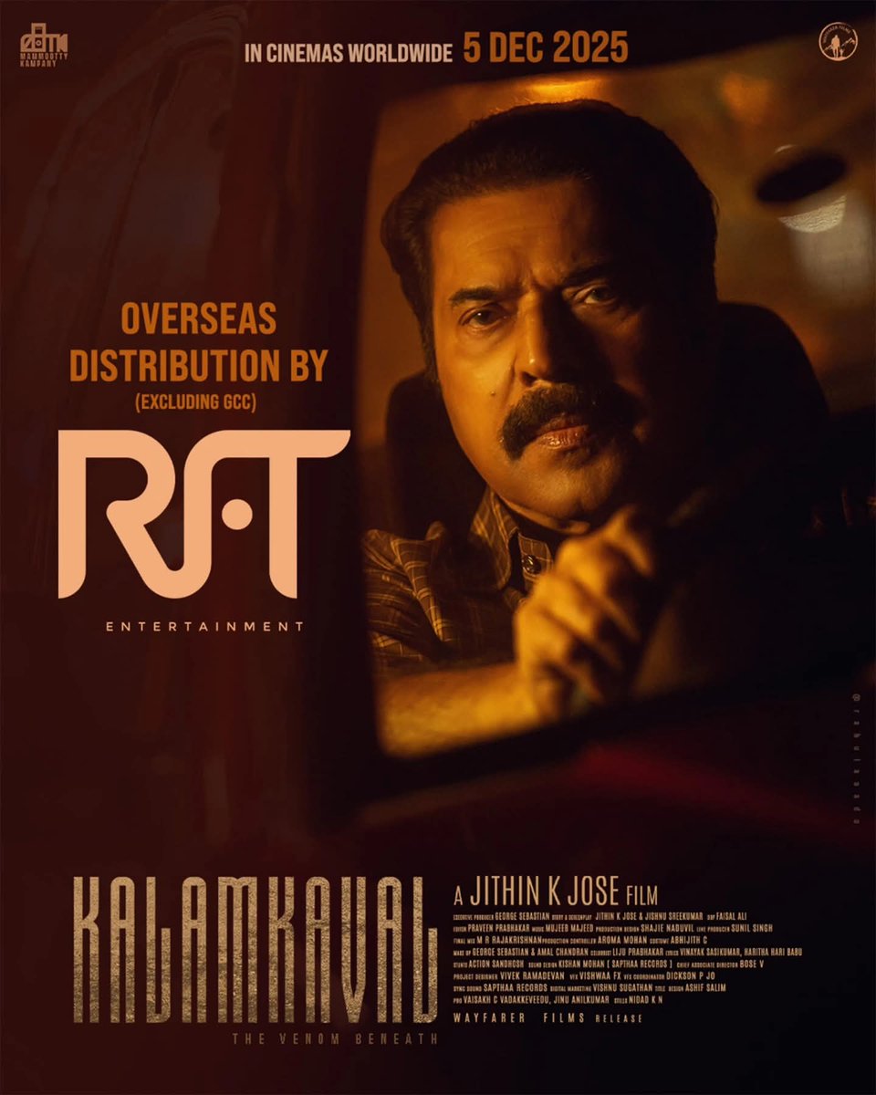 MegastarUpdatez's tweet photo. Happy to join hands with @FilmsRft for the Overseas Distribution (Excluding GCC) distribution of #Kalamkaval.๐
In cinemas worldwide from December 5, 2025.โณ
#Mammootty #Vinayakan #JithinKJose #RFTFilms https://t.co/02mgmgmKrc