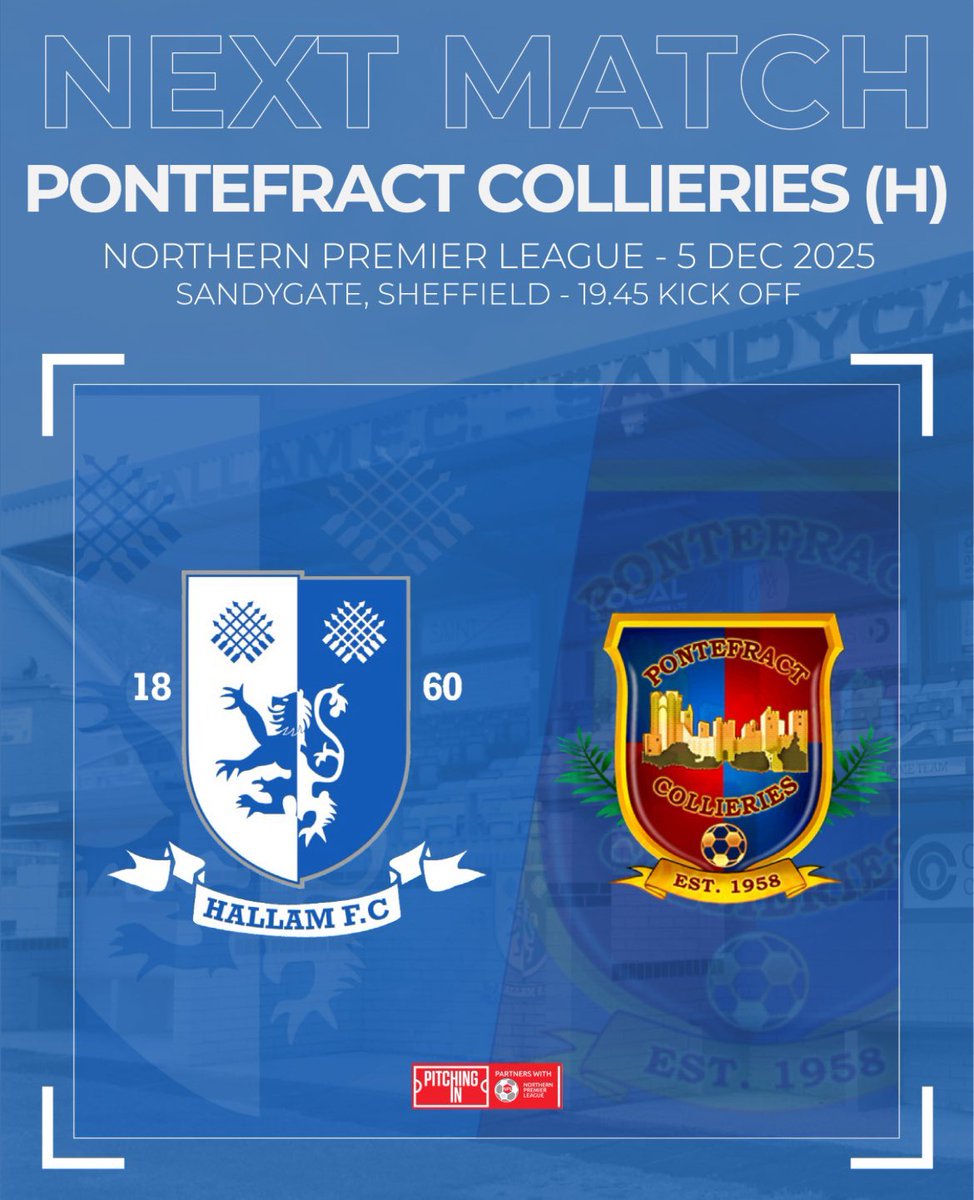 Friday Night Football 🏟️⚽️

All roads lead to Sandygate this Friday as we welcome <a href="/PonteCollsFC/">Ponte Colls FC</a> 

🎟️ £9 Adults
🎫 £6 Concessions
🧒 £2 Under 12s with Paying Adult

We hope to see you there and get behind The Countrymen! 👏🏻💙

#HallamFC