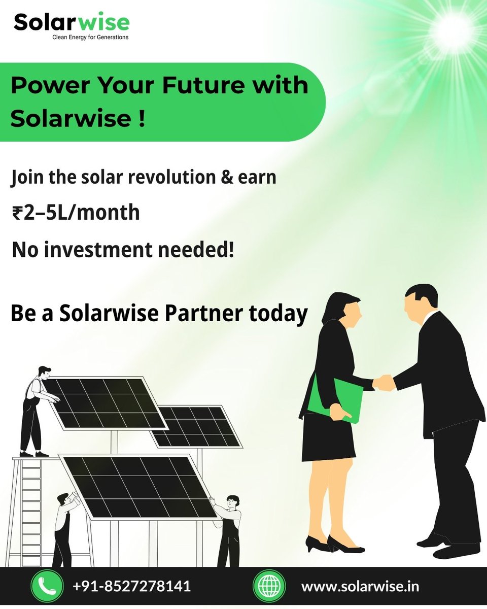 solarwise_in's tweet image. 🌞 Become a Solarwise Partner &amp;amp; Transform Your Future!

📞 Call Now: +91-8527278141 || 🌐 Visit Us: solarwise.in

#Solarwise #SolarBusiness #EarnWithSolar #GreenEnergyRevolution #SolarPartnerProgram #NoInvestmentBusiness #HighIncomeOpportunity #CleanEnergyIndia