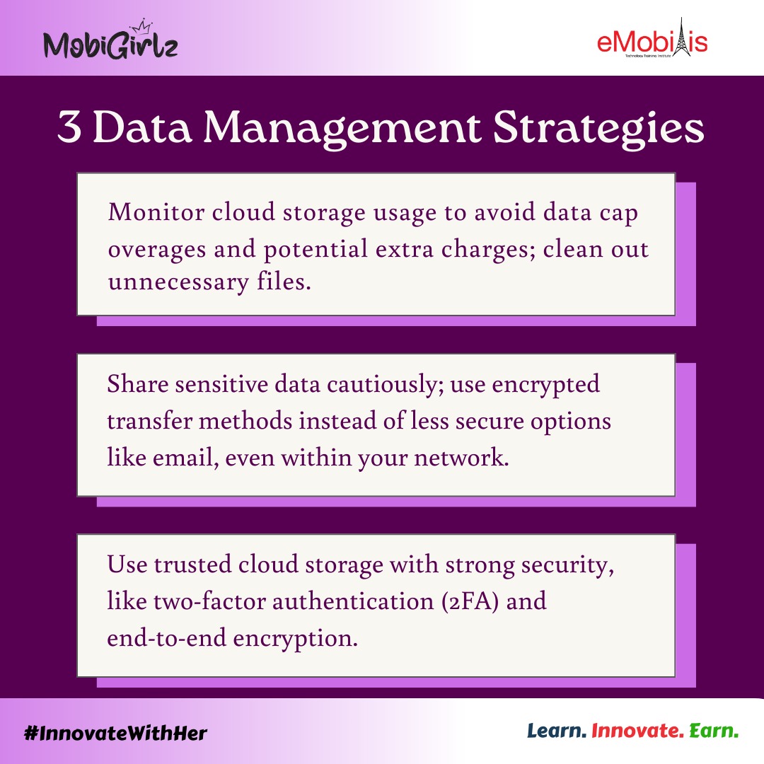 MobbiGirlz's tweet image. 3 quick tips for smart data management:

1️⃣Use cloud storage with 2FA &amp;amp; end-to-end encryption.

2️⃣Share sensitive data via encrypted methods (avoid email).

3️⃣Monitor usage to stay under data caps.

Stay secure! 

#DataSecurity #TechTips #InnovateWithHer