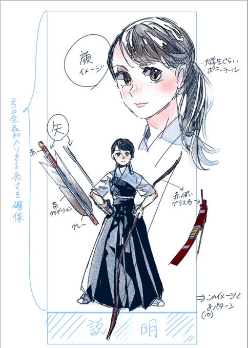 ラフ時点の設定画。八節の子、打合せを経て本番ではこのラフよりも凛々しくさせました。 