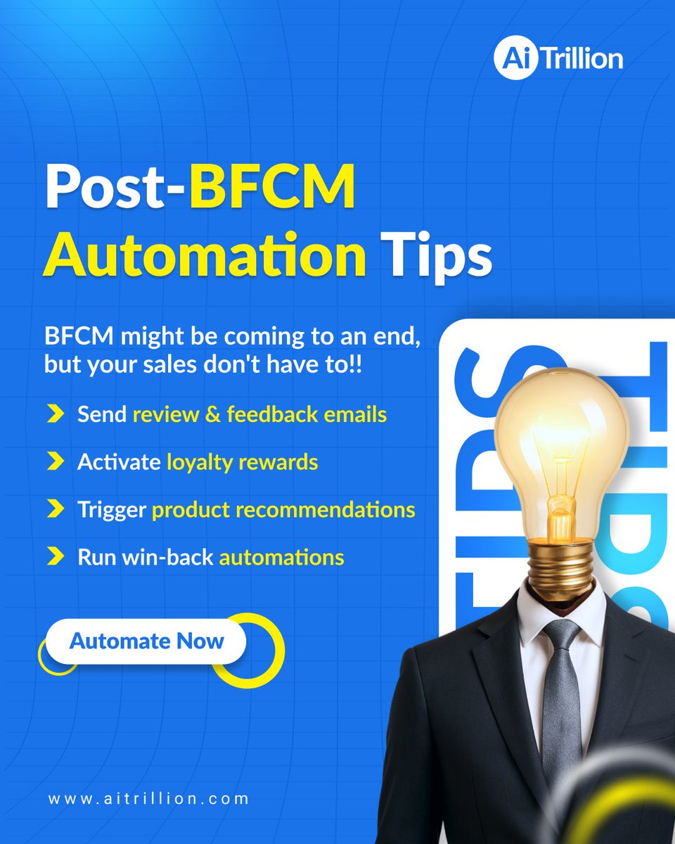 Keep sales flowing &amp; customers engaged even after the sale weekend with <a href="/AiTrillion/">AiTrillion | Grow E-Commerce Faster!🚀</a>'s automations ⚙️, built to help <a href="/Shopify/">Shopify</a> stores grow smarter!💡

Install today: lnkd.in/d2kpyTzj 

#AiTrillion #Shopify #itfc #readingfc #paofc #BFCM #BFCM2025 #MasterChefCelebrityArgentina