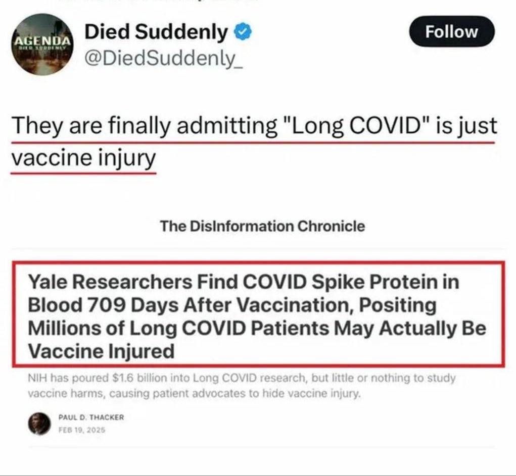 ABridgen's tweet image. They finally admit through research that ‘Long Covid’ is actually ‘Vaccine Harm’ from continued spike protein production. Please wake up those affected.
