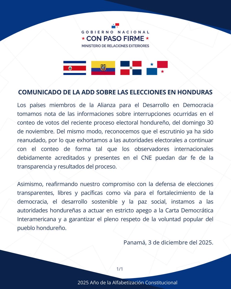 •Comunicado Conjunto•
Comunicado de la ADD sobre las elecciones de Honduras.