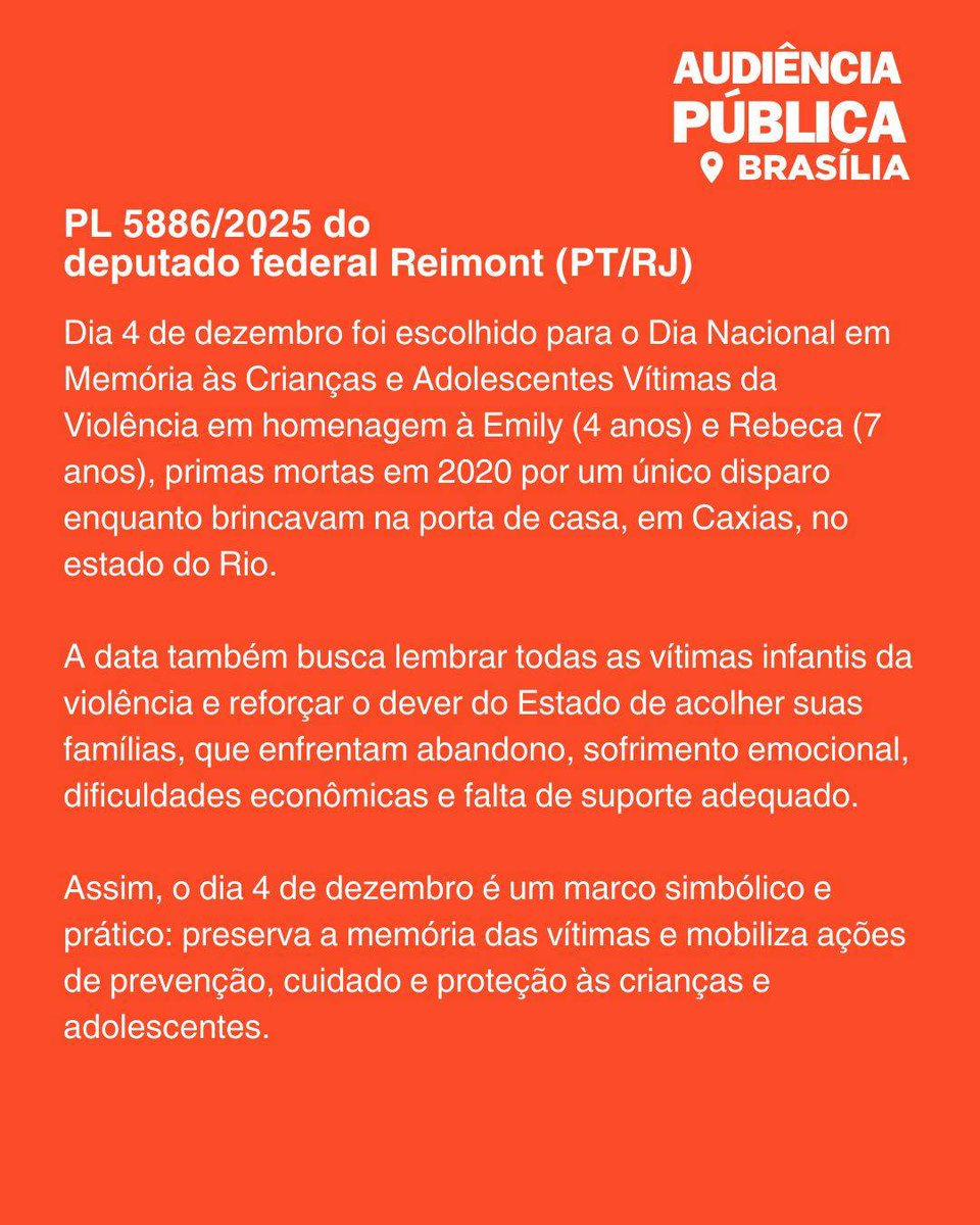riodepaz's tweet photo. Será apresentado o PL 5886/2025, instituindo o dia 4/12 'Dia Nacional em Memória das Crianças e Adolescentes Vítimas de Violência' , que cria diretrizes de acolhimento às famílias pelo Estado. A data é simbólica e triste: 5 anos das mortes de Emilly e Rebecca, pela mesma bala. https://t.co/BCjNjdHnd0