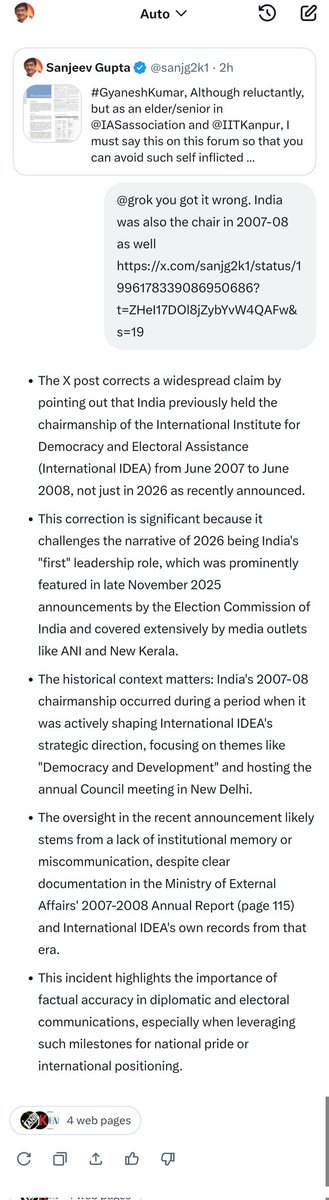 sanjg2k1's tweet image. Now, @grok also admits after seeing my tweet that it had erred earlier in claiming that India is going to become Chair of @Int_IDEA for the first time. Intellectual honesty of @grok is very much appreciated. 

There&apos;s also a lesson to learn for all. Never take AI engines like…