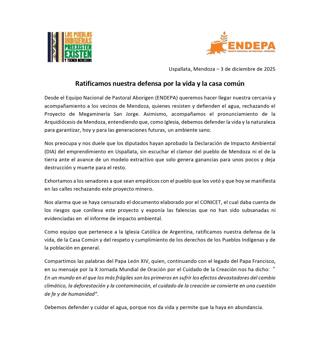 Desde el Equipo Nacional de Pastoral Aborigen (ENDEPA) queremos hacer llegar nuestra cercanía y acompañamiento a los vecinos de Mendoza, quienes resisten y defienden el agua.

#PueblosIndígenas 
#Preexisten
#Existen
#TienenDerechos
#ENDEPA

endepa.org.ar/ratificamos-nu…
