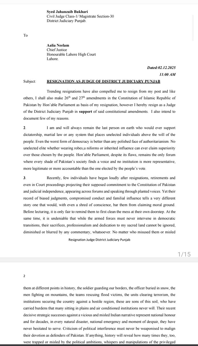 maryamnawazkhan's tweet image. &quot;وہ آخری شخص ہوں گا جو مارشل لاء، ڈکٹیٹر شپ یا غیر منتخب افراد کو عوامی منشاء پر مسلط کرنے والے سسٹم کا حصہ بنے&quot;

عدلیہ سے ایک اور استعفی! 

سول جج لاہور سید جہانزیب بخاری نےاپنے عہدے سے استعفا دے دیا ! استعفا 15 صفحات پرمشتمل ہے، چارج شیٹ زیادہ ہے!
 جج صاحب نے واضح لکھا کہ 26…