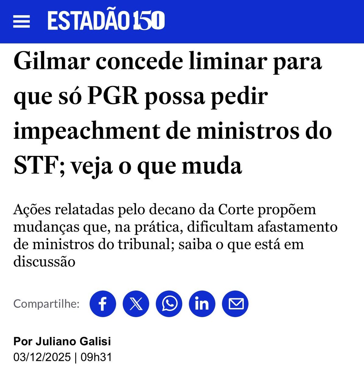 deputadozucco's tweet image. Isso sim é golpe! A decisão de Gilmar Mendes retira do Senado e do povo o direito de pedir o impeachment de ministros do STF e entrega essa prerrogativa exclusivamente à PGR, criando uma blindagem sem precedentes. Se o Senado não defender suas prerrogativas agora, não terá mais…