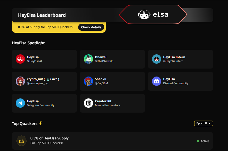 Datweb3guy's tweet image. so frens

epoch 2 of the @HeyElsaAI wallchain campaign is live with 0.3% of HeyElsa Supply up for grabs for top 500 quackers

stay positioned for this and use Elsa AI today