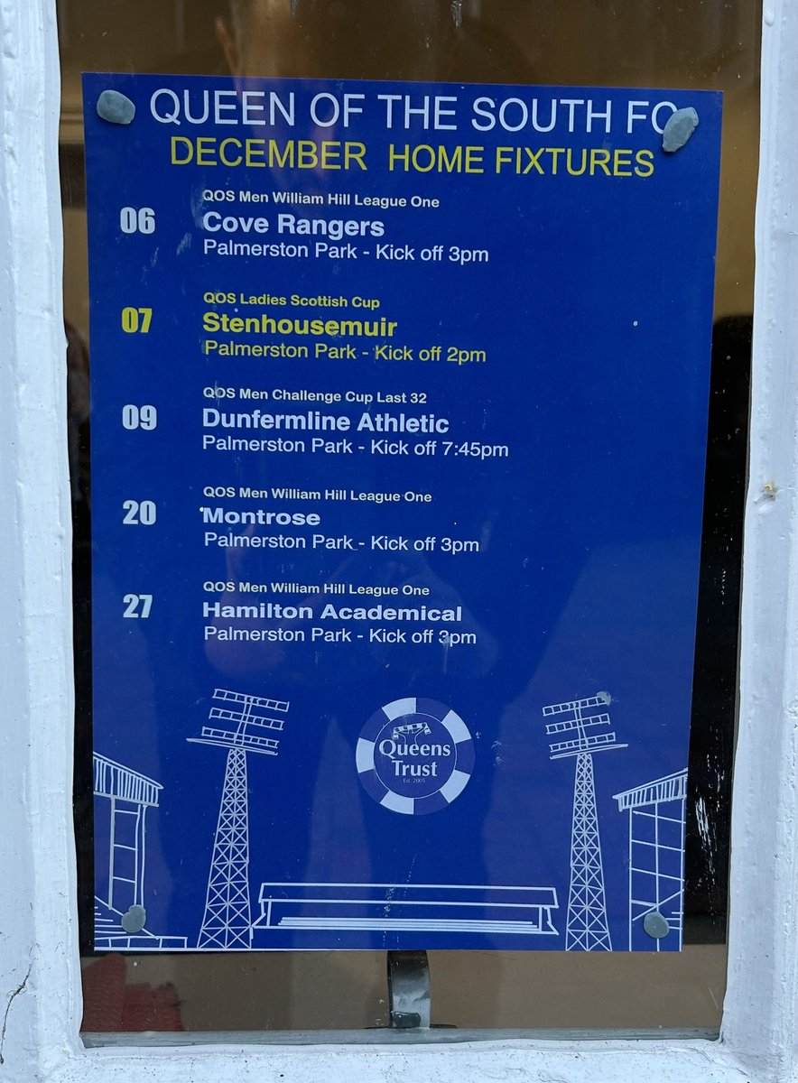 Queen of the South fixture poster for December home games is now out!

Big thanks to David Linden who has recently taken on the production of the poster. Thank you also to those that help to distribute them and to all the places that kindly display them.