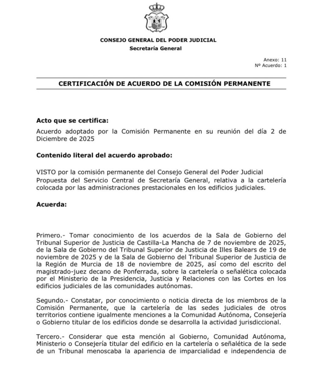 pedropcelis's tweet image. 🔴ÚLTIMA HORA| El CGPJ requiere al Ministro Bolaños y a las CCAA a que retiren los carteles donde figuren la mención “Gobierno”, “CCAA”, “Ministerio”, o “Consejeria” por menoscabar los principios de imparcialidad e independencia.