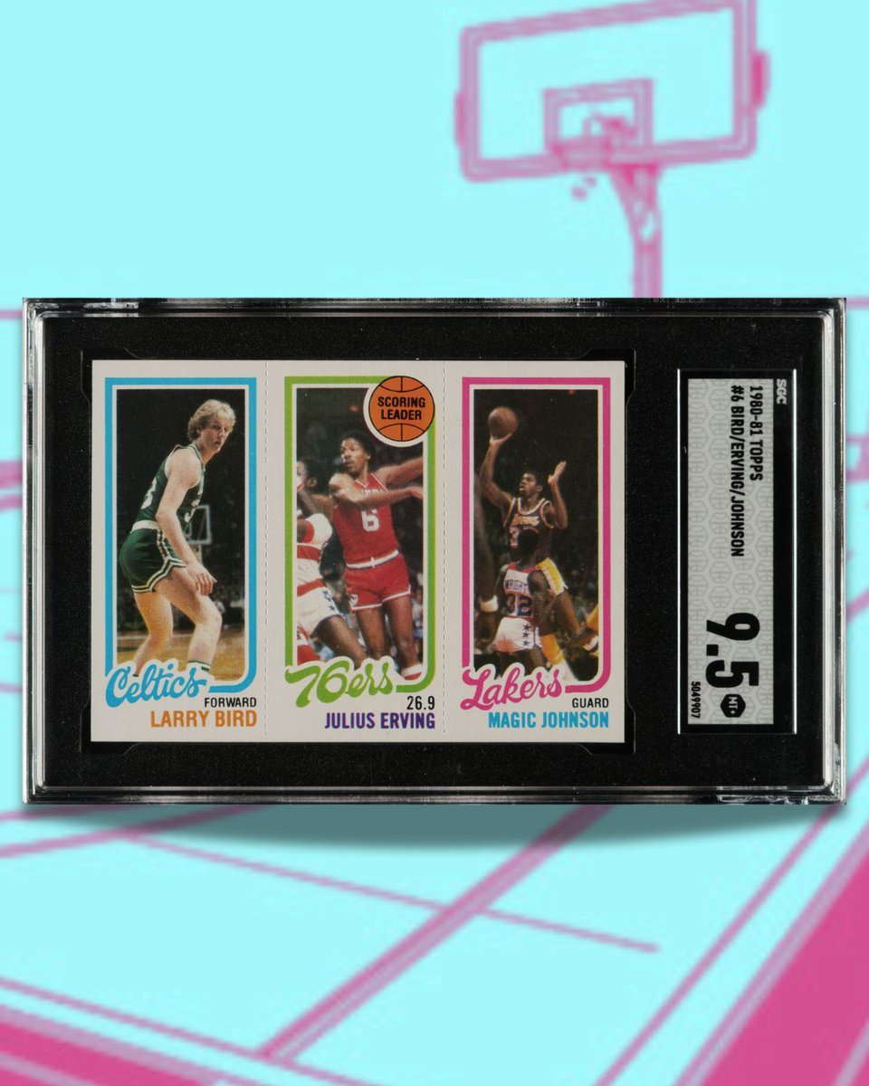 Tremendous SGC MINT+ 9.5 example of Larry Bird and Magic Johnson's rookie card from the 1980-1981 Topps basketball series. The card is bright and crisp with vibrant colors, sharp corners, outstanding registration, and impressive centering. It's one of the top basketball items in