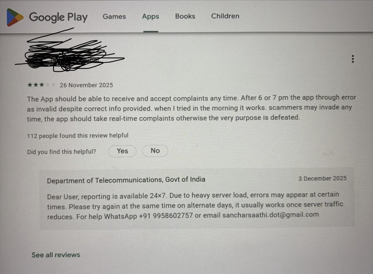 vijaita's tweet image. “Due to heavy server load, errors may appear at certain times. Please try again at the same time on alternate days, it usually works once server traffic reduces.” - Telecom Dept’s reply regarding Sanchar Saathi App on Google review 😭