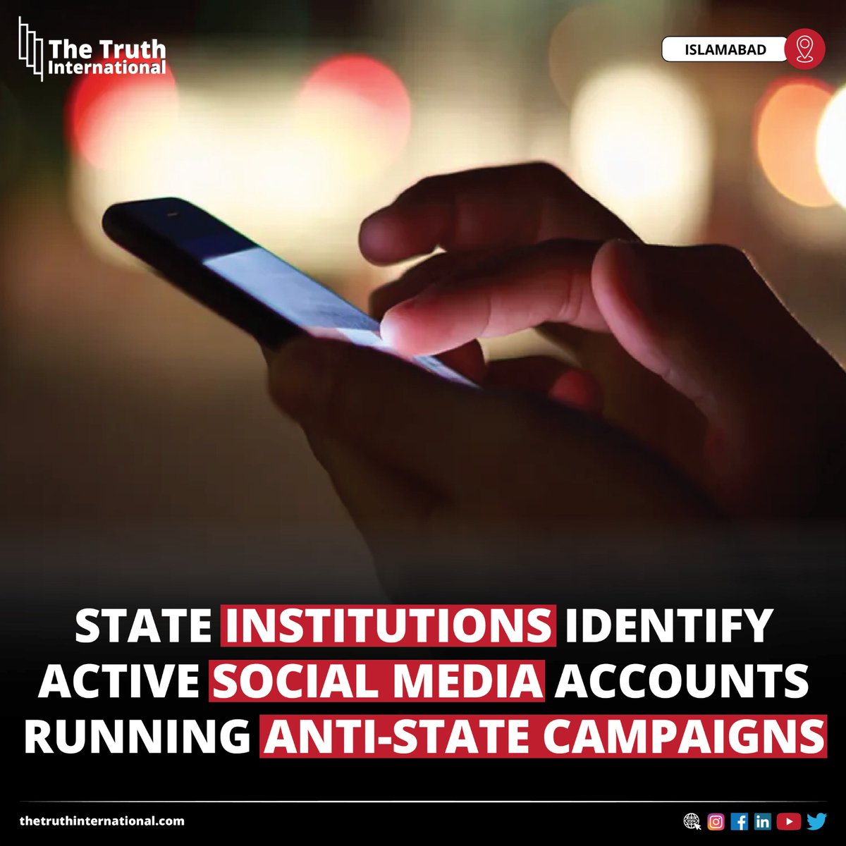 ttimagazine's tweet image. State Institutions Identify Active Social Media Accounts Running Anti-State Campaigns

FIND MORE: thetruthinternational.com/state-institut…

#State #Institutions #Identify #Active #SocialMedia #Accounts #Running #AntiState #Campaigns #Islamabad #TTI