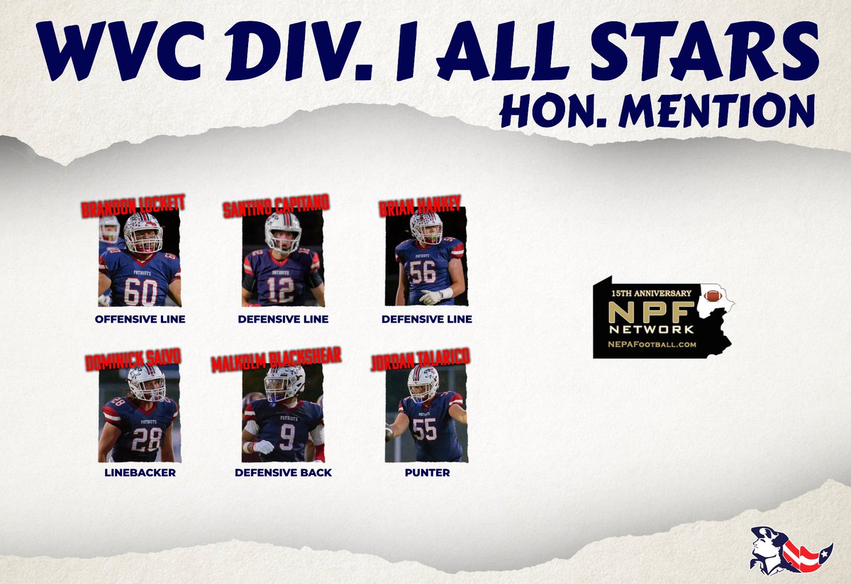 PAPatriots_FB's tweet image. Proud of our @NEPAFootball Honorable Mention All-Stars! This group set the standard all season and played a major role in our success  #PatriotPride
@JordanTal55