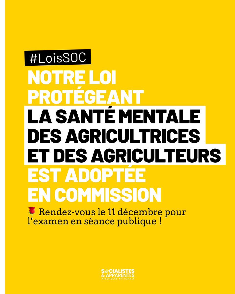 ✅ La proposition de loi portée par <a href="/ArnoSimion/">Arnaud Simion</a> pour protéger la santé mentale des agricultrices et des agriculteurs est adoptée en commission.

Prochaine étape : le 11 décembre dans l'hémicycle pour notre niche parlementaire !

→ parti-socialiste.fr/proteger_la_sa…

#LoisSOC