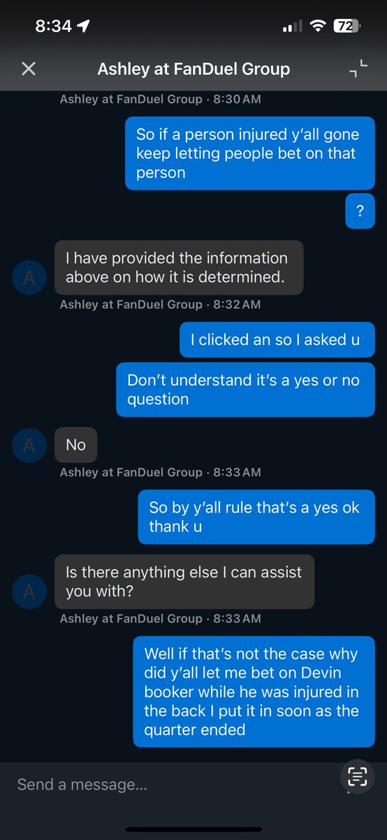 HAFCELL's tweet photo. Dn’t bet with FanDuel they leave injured players up on props then tell u that you put the bet in before he was injured which clearly shows I put the bet in right after the 1st quarter plus being unprofessional ending the session while I was typing @FanDuel_Support @FDSportsbook https://t.co/4YEf9hnNHn