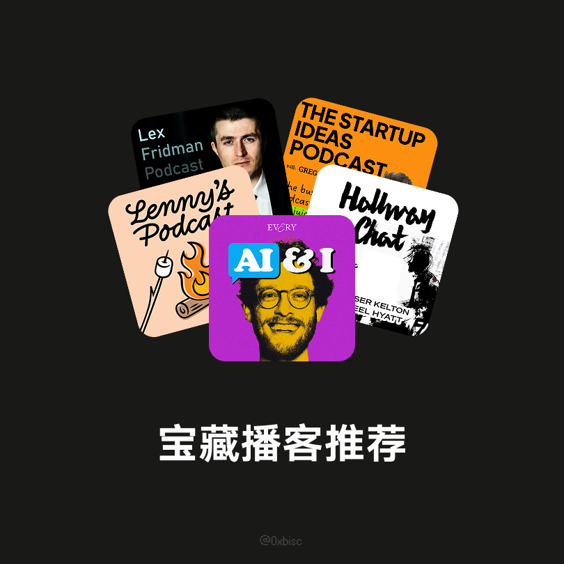 0xbisc's tweet photo. 分享 12 个帮你打破信息茧房的高质量宝藏播客：

1. The Joe Rogan Experienc：长篇深度对话的标杆，从马斯克到科学家，从喜剧演员到格斗家，每期都是一场思想马拉松。适合想要深入了解各领域顶尖人物真实想法的听众。

2. Lex Fridman Podcast：AI 研究者 Lex Fridman 的技术哲思殿堂。他用工程师的严谨和哲学家的深度，与 AI 大神、物理学家、企业家展开对话。如果你想听懂 AGI 的未来，这里是最佳入口。

3. a16z：Andreessen Horowitz 的官方播客。硅谷顶级 团队分享对技术趋势、创业生态、未来世界的前瞻性判断。

3. Lenny's Podcast：前 Airbnb 产品经理 Lenny Rachitsky 的产品管理播客。对话顶尖 PM 和创始人，分享从 0 到 1 的产品方法论和增长策略，是产品经理的重要学习资源。

4. 罗永浩的十字路口：老罗主持的深度播客，每期 3-5 小时，与科技、创业领域的人物展开对话。从李想、何小鹏到创业者的真实故事，没有包装的商业复盘和人生选择。适合所有在创业路上挣扎过或正在挣扎的人。

6. No Priors：AI | Technology | Startups Sarah Guo 和 Elad Gil 主持的 AI 前沿对话。两位主持人用清晰的语言探讨 AGI 进展、市场颠覆和技术趋势，让所有人都能跟上这场技术革命。

7. 硅谷101：驻美媒体人刘泓君创办的科技播客。深入浅出地解读美国科技圈的人、事、趋势，帮你建立对全球科技生态的认知框架。

8. Lightcone Podcast：YC 内部视角看创业。来自 Y Combinator 合伙人的真实建议，从融资到增长，从产品到团队管理。

9. AI and I：AI 从业者必听。嘉宾阵容覆盖学术界到产业界，深度探讨 AI 技术落地的真实挑战和机遇。

10. The Startup Ideas Podcast：创意火花的孵化器。每期挖掘新的创业方向，分析市场机会，激发你的创业灵感。适合正在寻找方向的早期创业者。

11. Hallway Chat：产品设计的幕后故事。设计师和产品人的走廊闲聊，充满灵感和实战经验。

12. Behind the Craft：创作者的创作过程揭秘。深入了解优秀产品、内容、设计背后的思考和迭代历程。

每个播客都代表一种看世界的方式。多听几个不同视角的，你会发现自己思考问题时，不再只有一个维度。