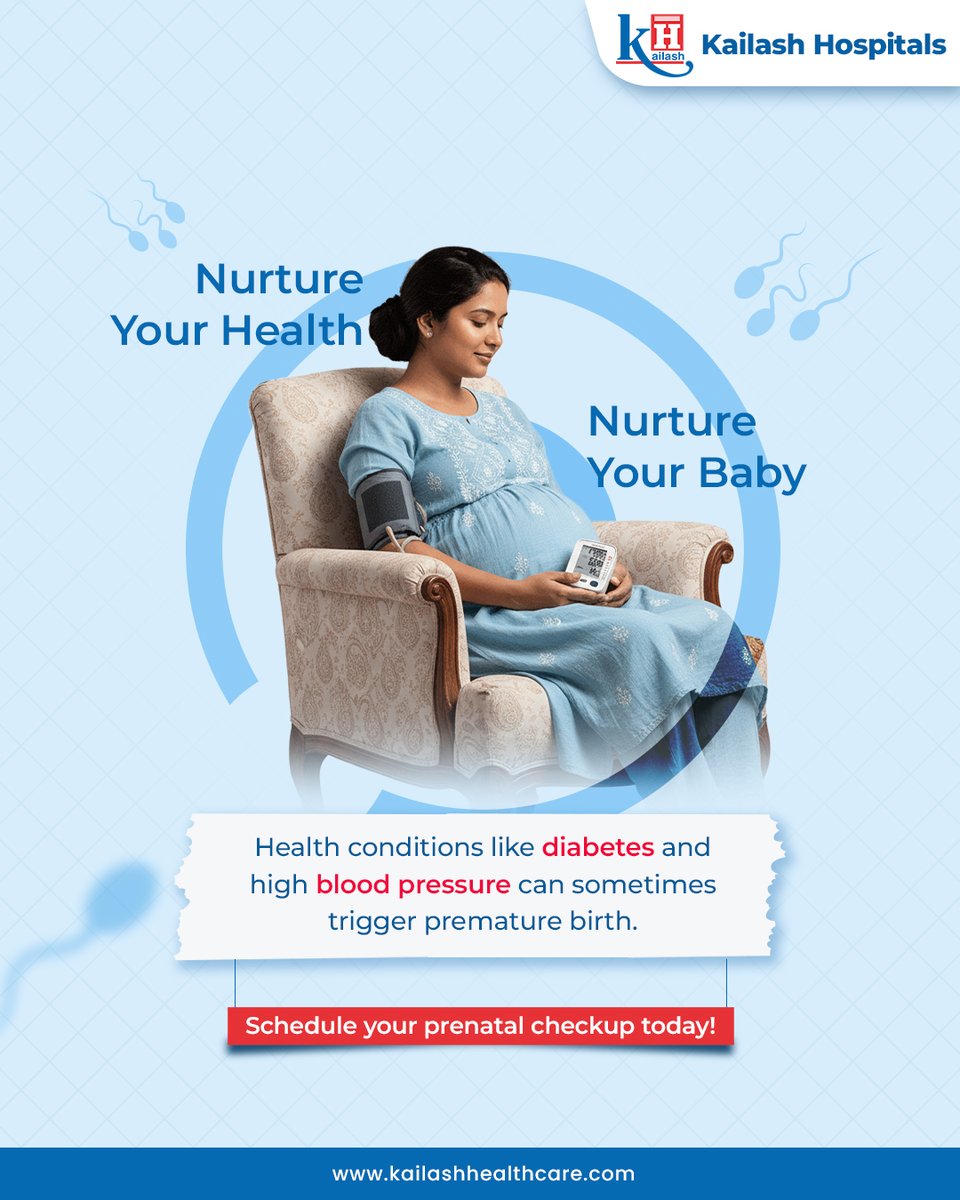 KailashHealth's tweet photo. Nurture your health, nurture your baby! 🤰Did you know that health conditions like diabetes and high blood pressure can sometimes trigger premature birth? Ensure a safe journey for you and your little one! Schedule your prenatal checkup today!
#PrenatalCare #MaternityHealth #Pregnancy #HighBloodPressure #Diabetes #KailashHospitals