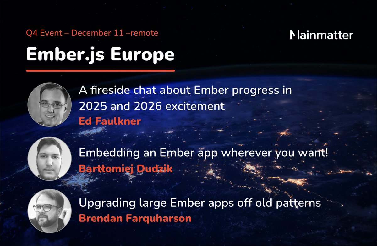The next Ember Europe is happening next Thursday! Here’s the full lineup: starting off with Ed Faulkner, <a href="/BobrImperator/">Bartłomiej Dudzik</a> and Brendan Farquharson, followed by  an open Q&amp;A. It’s happening on December 11 at 19:00 CET. RSVP here 👉 meetup.com/ember-europe/e…